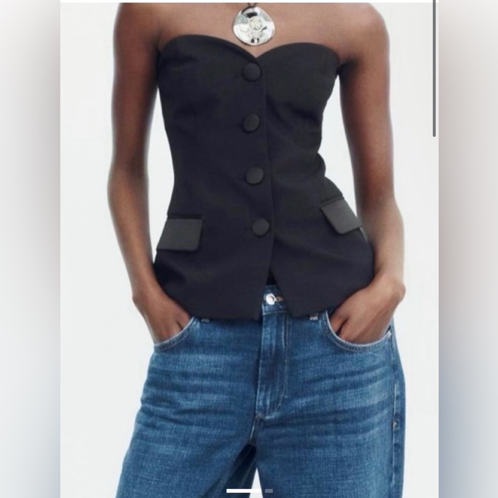 Zara button down Black Strapless Tailored bustier top Blazer sz L NWOT